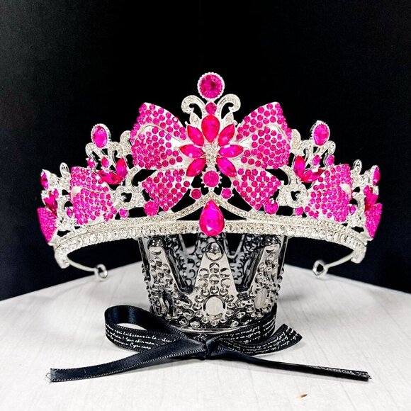 Gold Crystal Crown, Princess Tiara, Hot Pink Gemstone Crown, Quinceanera Crown - Picture 7 of 10